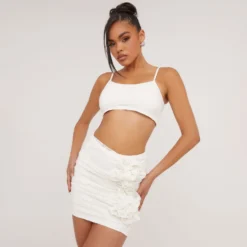 EGO High Waist Rose Detail Ruched Mini Bodycon Skirt In Stone -EGO Sales Store 01 06 23 jul109837 s scaled