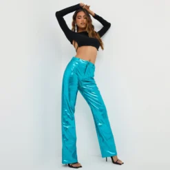 EGO High Waist Straight Leg Trousers In Blue Shiny Metallic