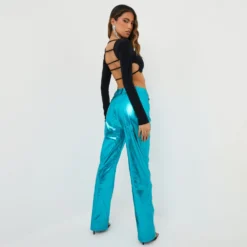 EGO High Waist Straight Leg Trousers In Blue Shiny Metallic -EGO Sales Store 01 09 2215824 scaled