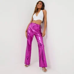 EGO High Waist Straight Leg Trousers In Pink Shiny Metallic