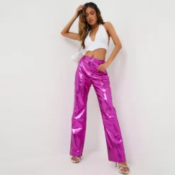 EGO High Waist Straight Leg Trousers In Pink Shiny Metallic -EGO Sales Store 01 09 2215850 scaled