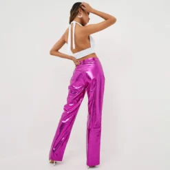 EGO High Waist Straight Leg Trousers In Pink Shiny Metallic -EGO Sales Store 01 09 2215866 scaled