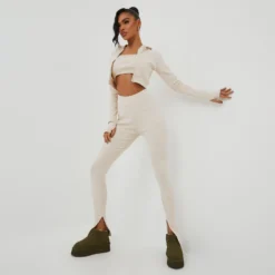 EGO High Waist Split Hem Detail Leggings In Cream Ribbed