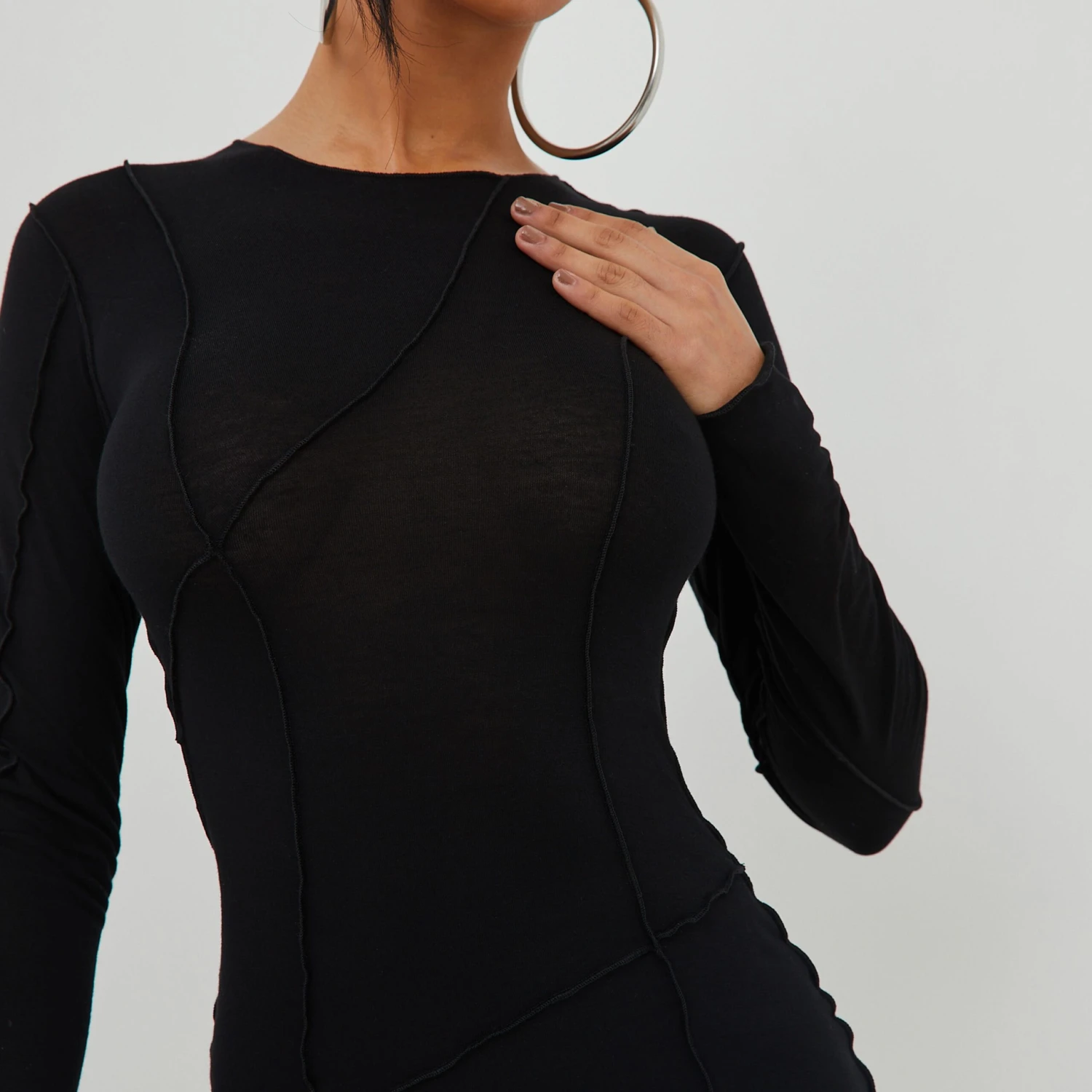 EGO Long Sleeve Seam Detail Mini Bodycon Dress In Black 2 EGO Long Sleeve Seam Detail Mini Bodycon Dress In Black - Image 2