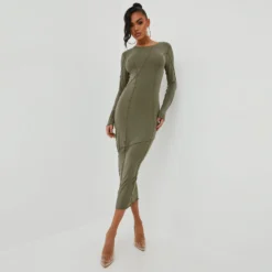 EGO Long Sleeve Seam Detail Midaxi Bodycon Dress In Khaki Soft Knit -EGO Sales Store 01 11 22 july18892 sq scaled