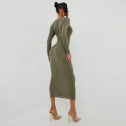 EGO Long Sleeve Seam Detail Midaxi Bodycon Dress In Khaki Soft Knit -EGO Sales Store 01 11 22 july18905 sq scaled