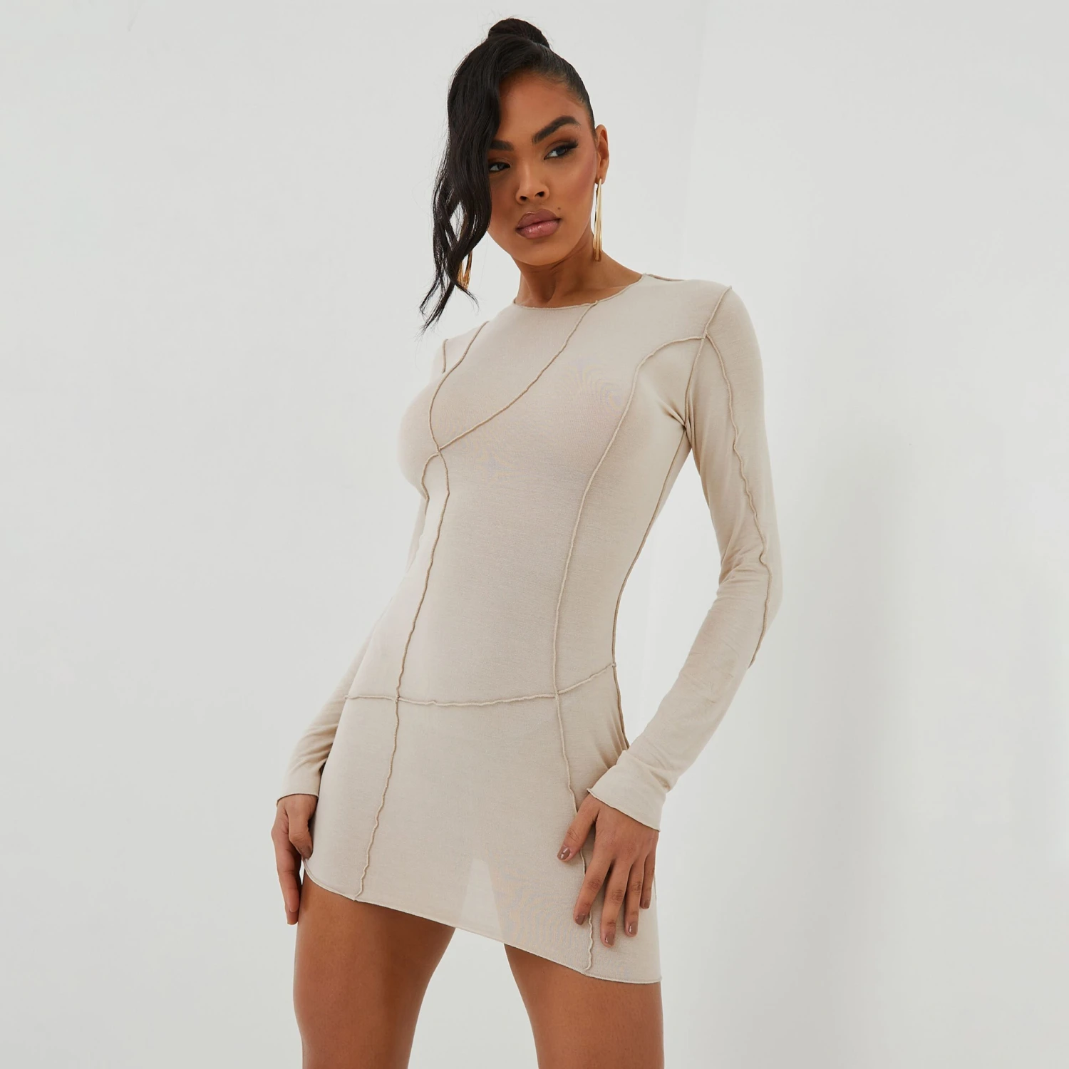 EGO Long Sleeve Seam Detail Mini Bodycon Dress In Stone 1 EGO Long Sleeve Seam Detail Mini Bodycon Dress In Stone