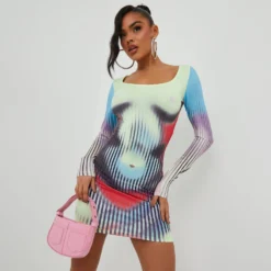 EGO Long Sleeve Scoop Neck Body Heat Printed Mini Bodycon Dress In Multi Print