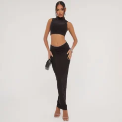 EGO Dipped Waist Ruched Detail Maxi Skirt In Black