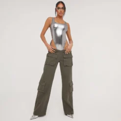 EGO Deep V Waist Multi Pocket Detail Straight Leg Cargo Jeans In Khaki Acid Wash