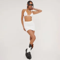 EGO High Waist Basic Mini Bodycon Skirt In Ivory Crinkle