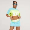 EGO Short Sleeve 'Nyc' Graphic Print Super Crop T-Shirt In Blue And Lime Acid Wash