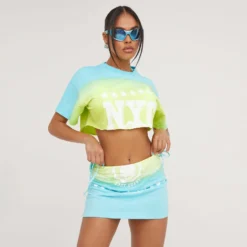 EGO Short Sleeve 'Nyc' Graphic Print Super Crop T-Shirt In Blue And Lime Acid Wash