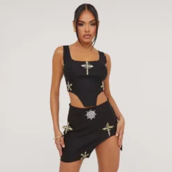 EGO High Waist Embellished Crucifix Detail Asymmetric Mini Bodycon Skirt In Black Woven 7 EGO High Waist Embellished Crucifix Detail Asymmetric Mini Bodycon Skirt In Black Woven -EGO Sales Store 02 05 23 jul93298 sq scaled