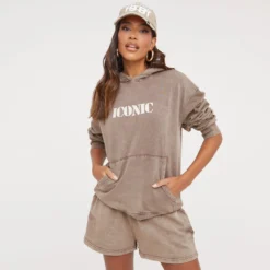 EGO Oversized 'Iconic' Slogan Printed Hoodie In Acid Wash Mink