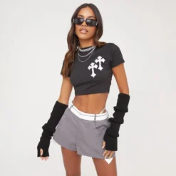 EGO Short Sleeve Metallic Crucifix Detail Cropped T-Shirt In Black