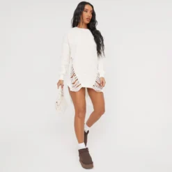 EGO Long Sleeve Distressed Detail Jumper Dress In Cream Knit