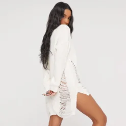 EGO Long Sleeve Distressed Detail Jumper Dress In Cream Knit -EGO Sales Store 05 01 23 ming41240 sq scaled