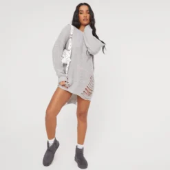 EGO Long Sleeve Distressed Detail Jumper Dress In Grey Knit