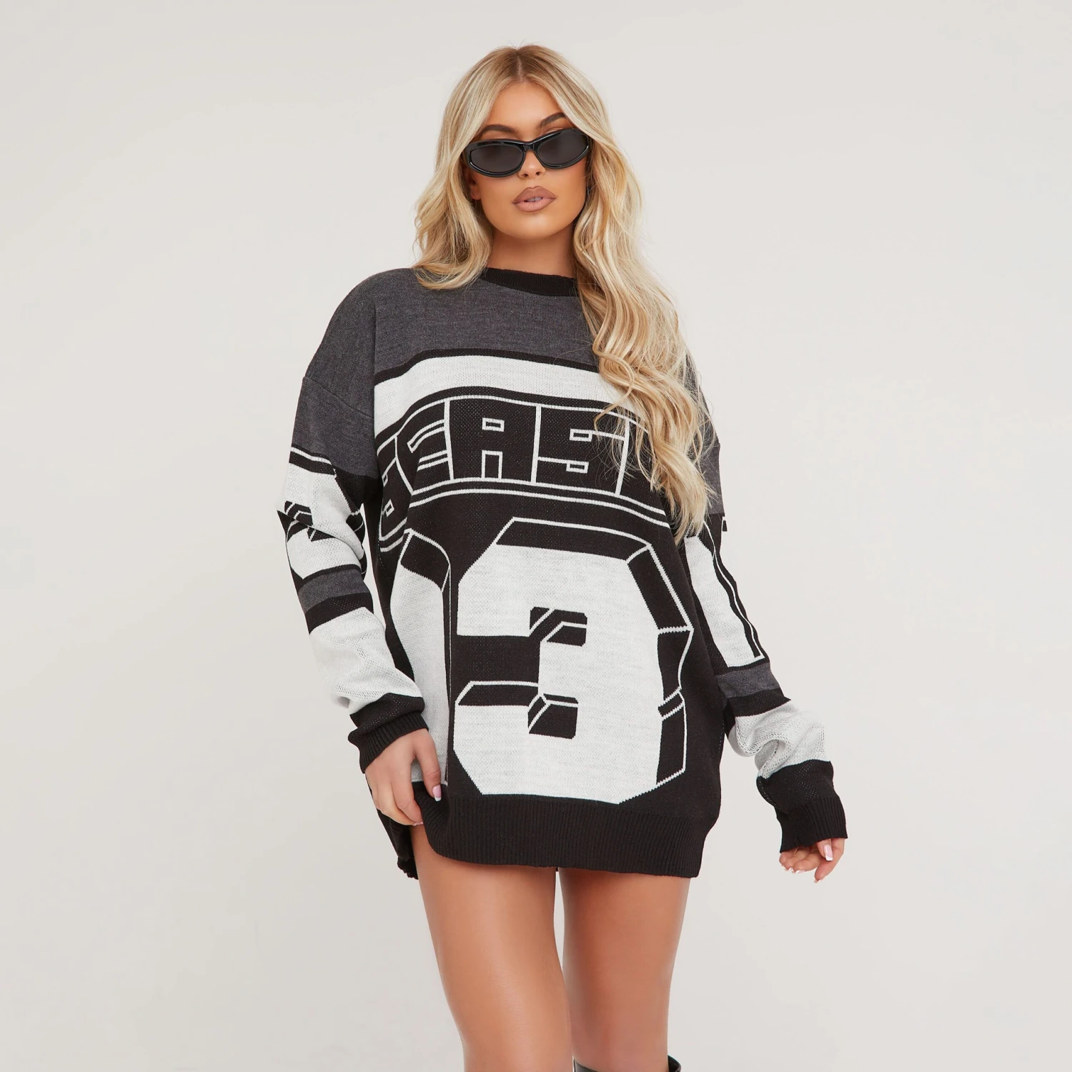 EGO Long Sleeve Motocross Detail Oversized Jumper Dress In Black Multi Knit