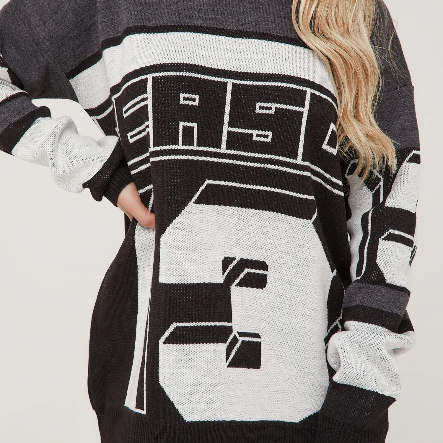 EGO Long Sleeve Motocross Detail Oversized Jumper Dress In Black Multi Knit 2 EGO Long Sleeve Motocross Detail Oversized Jumper Dress In Black Multi Knit - Image 2