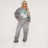 EGO High Waist Space Graphic Oversized Cuffed Hem Joggers In Grey Acid Wash