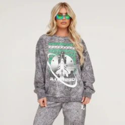 EGO Long Sleeve Space Graphic Oversized Sweatshirt In Grey Acid Wash