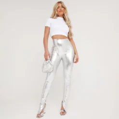 EGO High Waist Split Hem Trousers In Silver Metallic
