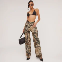 EGO High Waist Pocket Detail Straight Leg Cargo Trousers In Brown Camo
