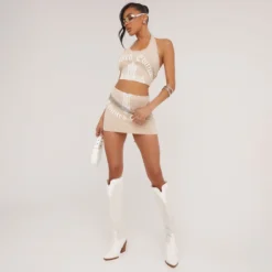 EGO Crucifix Graphic Print Mini Bodycon Skirt In Stone