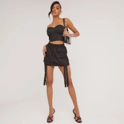 EGO High Waist Pocket Strap Detail Cargo Mini Skirt In Black