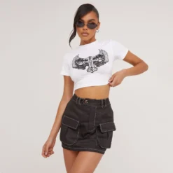 EGO High Waist Contrast Stitch Detail Cargo Mini Skirt In Black