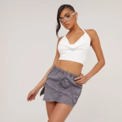 EGO High Waist Swirl Detail Split Leg Mini Skirt In Grey