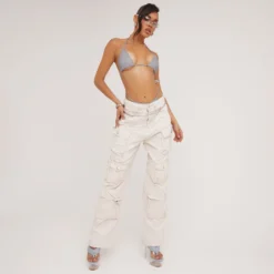 EGO Mid Rise Multi Pocket Detail Straight Leg Cargos In Beige Denim