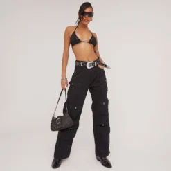 EGO Mid Rise Multi Pocket Detail Straight Leg Cargos In Black Denim