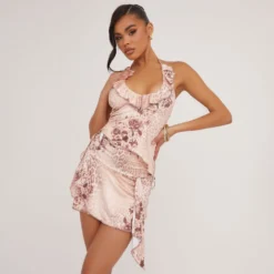 EGO High Waist Frill Detail Mini Skirt In Brown Animal Floral Print Slinky -EGO Sales Store 06 06 23 jul111790 s scaled