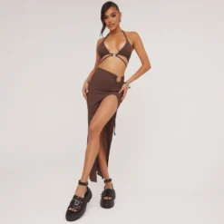 EGO Ring Detail Side Split Maxi Skirt In Brown Textured Fabric -EGO Sales Store 06 06 23 jul111981 s 1 scaled