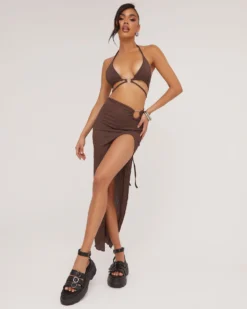 EGO Ring Detail Side Split Maxi Skirt In Brown Textured Fabric -EGO Sales Store 06 06 23 jul111982 p