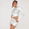 EGO Long Sleeve Ruched Side Detail Asymmetric Top In Silver Iridescent