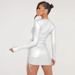 EGO Long Sleeve Ruched Side Detail Asymmetric Top In Silver Iridescent -EGO Sales Store 06 07 23 jul80106 s scaled