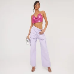 EGO High Waist Pocket Detail Wide Leg Cargo Trousers In Lilac
