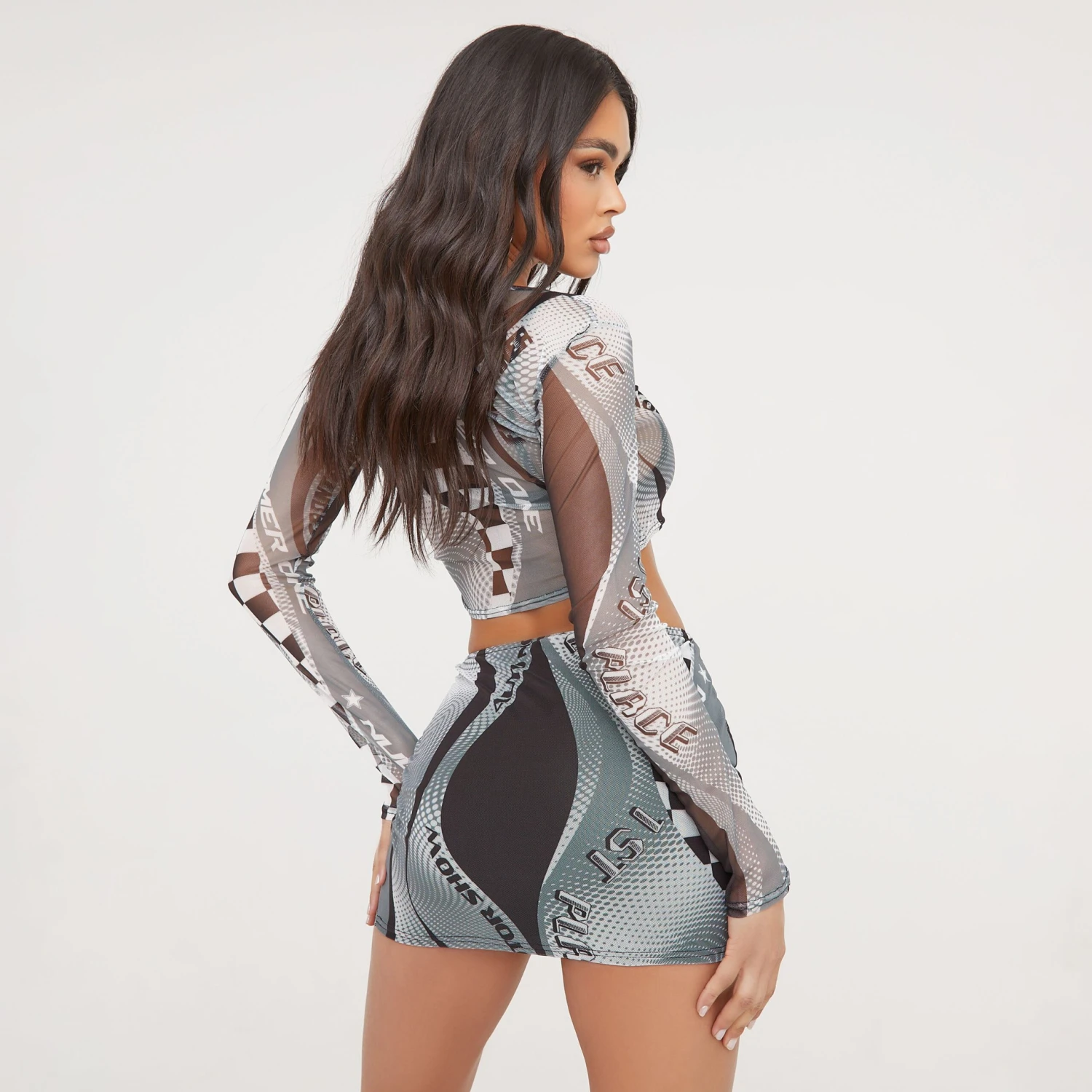 EGO High Waist Motocross Print Mini Bodycon Skirt In Grey Multi Mesh 4 EGO High Waist Motocross Print Mini Bodycon Skirt In Grey Multi Mesh - Image 4
