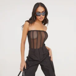 EGO Bandeau Boned Detail Bodysuit In Black Mesh