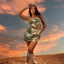 EGO Belted Buckle Detail Utility Mini Skirt In Khaki Camo Print