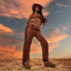 EGO High Waist Extreme Frayed Straight Leg Trousers In Brown Knit