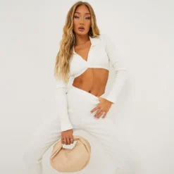 EGO Long Sleeve Collared Detail Crop Top In Ivory Ribbed