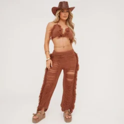 EGO High Waist Extreme Frayed Straight Leg Trousers In Brown Knit -EGO Sales Store 08 06 23 em m114230 s scaled