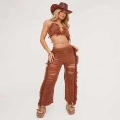 EGO High Waist Extreme Frayed Straight Leg Trousers In Brown Knit -EGO Sales Store 08 06 23 em m114237 s scaled