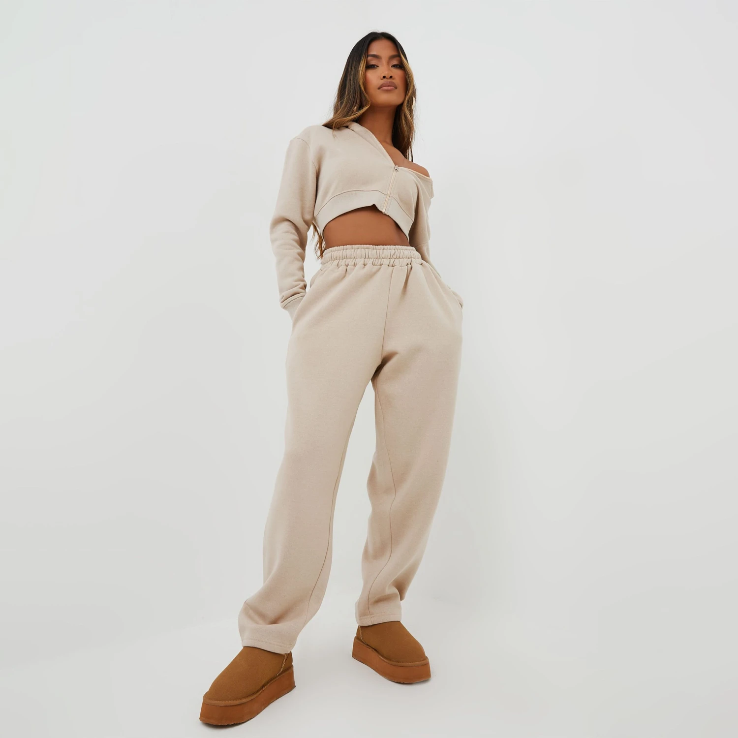 EGO High Waist Oversized Wide Leg Joggers In Beige 1 EGO High Waist Oversized Wide Leg Joggers In Beige