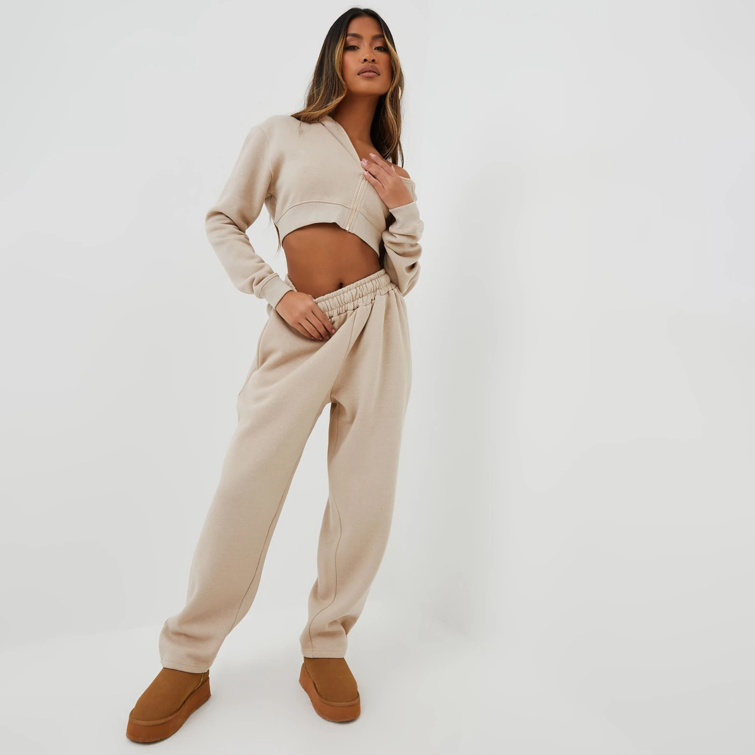 EGO High Waist Oversized Wide Leg Joggers In Beige 3 EGO High Waist Oversized Wide Leg Joggers In Beige - Image 3